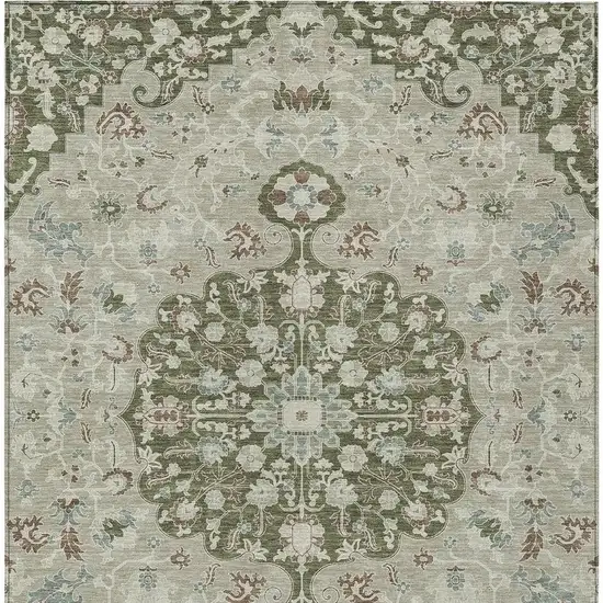 Olive Green And Sage Floral Medallion Washable Indoor Outdoor Area Rug Photo 3