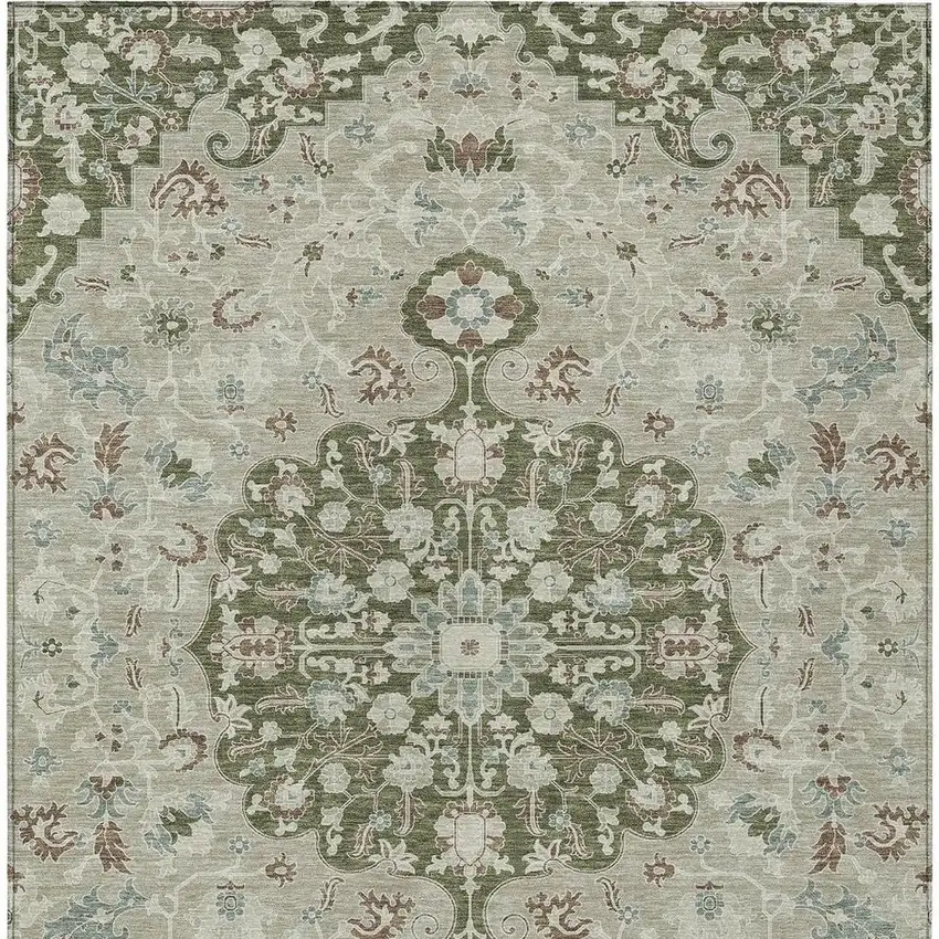 Olive Green And Sage Floral Medallion Washable Indoor Outdoor Area Rug Photo 3