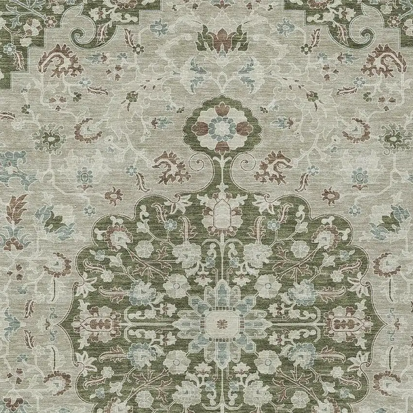 Olive Green And Sage Floral Medallion Washable Indoor Outdoor Area Rug Photo 2
