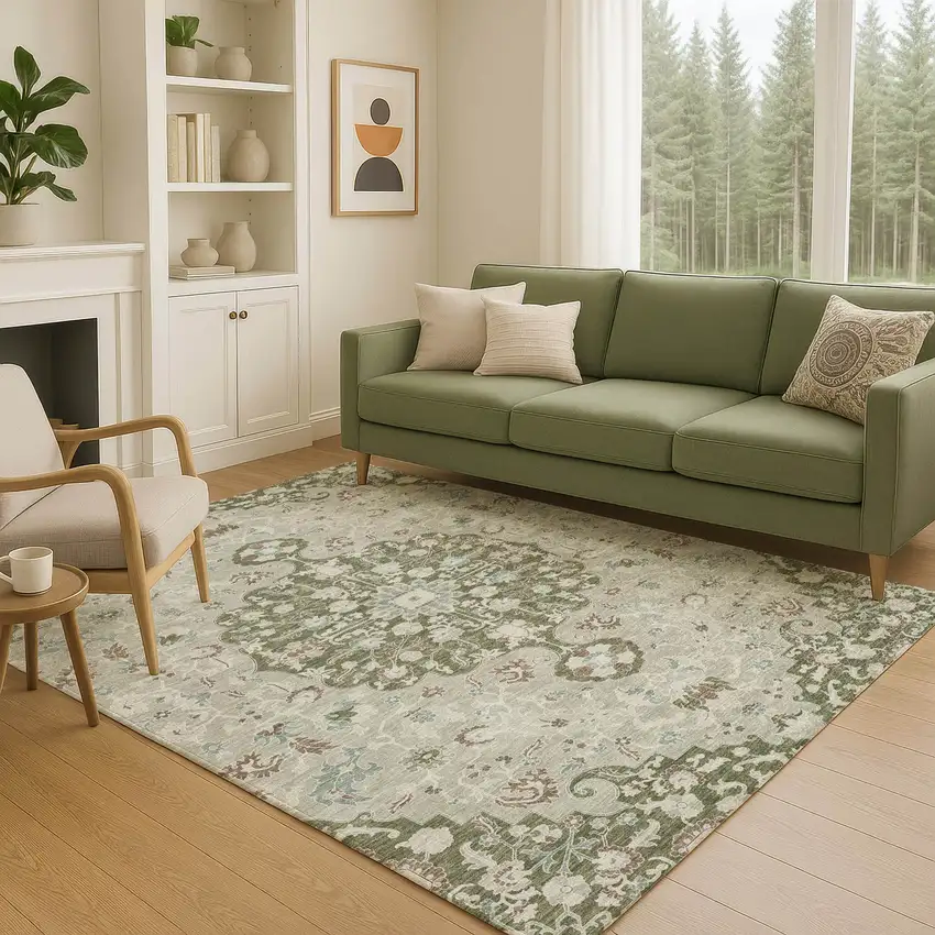 Olive Green And Sage Floral Medallion Washable Indoor Outdoor Area Rug Photo 5