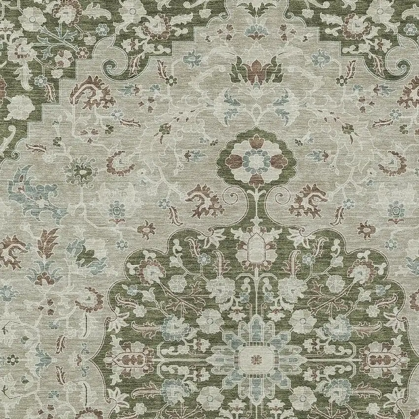 Olive Green And Sage Floral Medallion Washable Indoor Outdoor Area Rug Photo 2