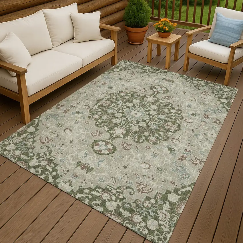 Olive Green And Sage Floral Medallion Washable Indoor Outdoor Area Rug Photo 4