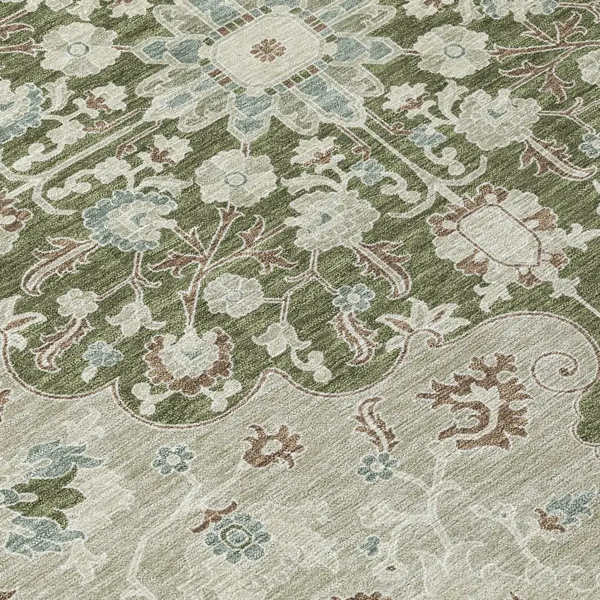 Olive Green And Sage Floral Medallion Washable Indoor Outdoor Area Rug Photo 9