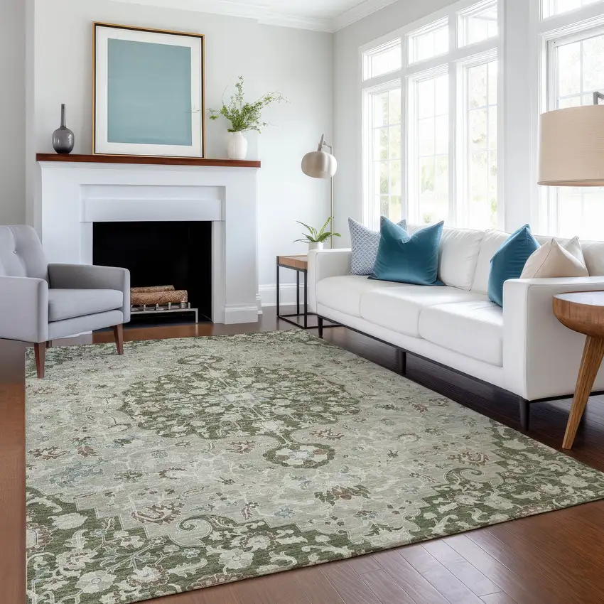Olive Green And Sage Floral Medallion Washable Indoor Outdoor Area Rug Photo 6