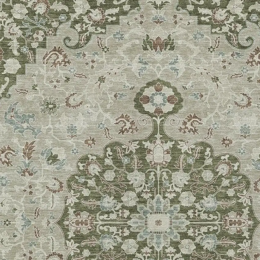 Olive Green And Sage Floral Medallion Washable Indoor Outdoor Area Rug Photo 2