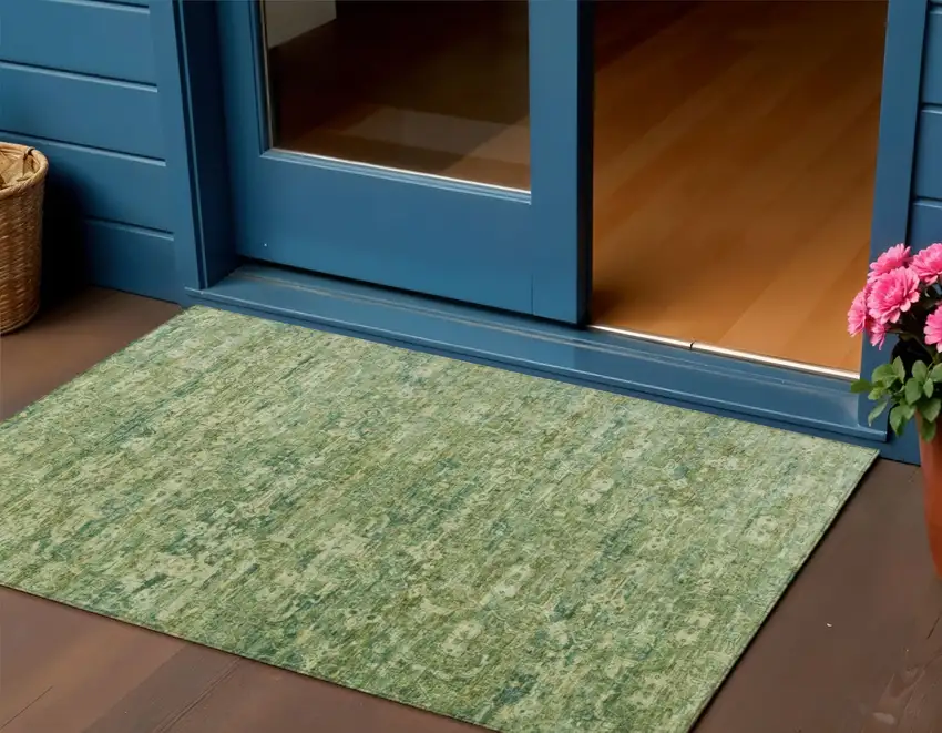 Olive Green And Sage Ikat Washable Indoor Outdoor Area Rug Photo 1