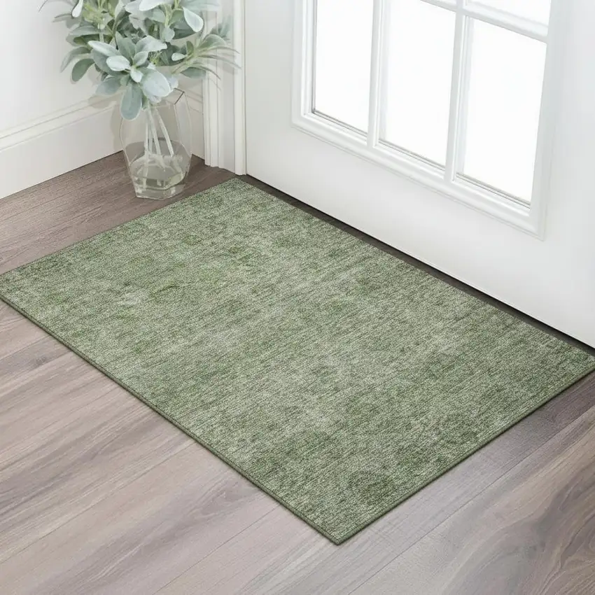 Olive Green And Silver Abstract Washable Area Rug With UV Protection Photo 2