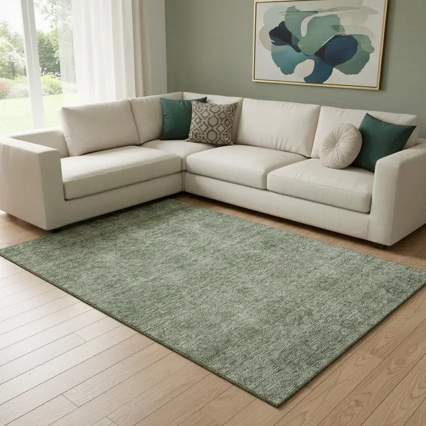 Olive Green And Silver Abstract Washable Area Rug With UV Protection Photo 2