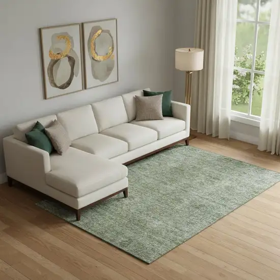 Olive Green And Silver Abstract Washable Area Rug With UV Protection Photo 2