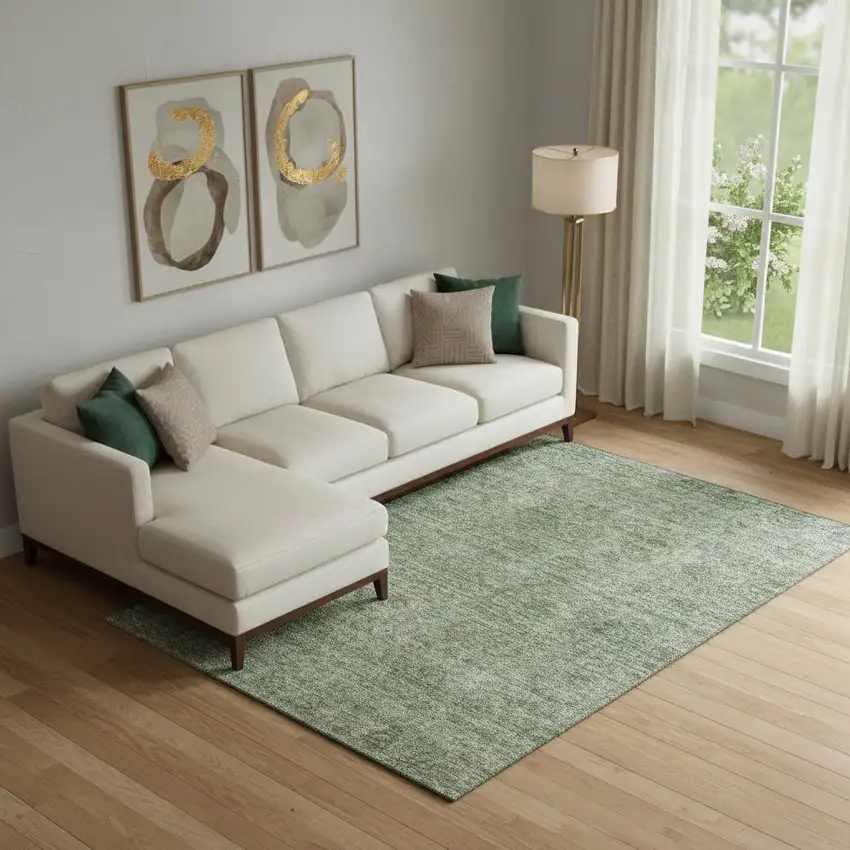 Olive Green And Silver Abstract Washable Area Rug With UV Protection Photo 2