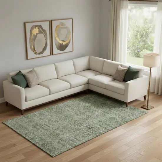 Olive Green And Silver Abstract Washable Area Rug With UV Protection Photo 2