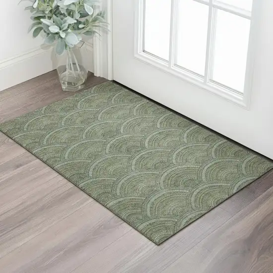 Olive Green And Silver Geometric Washable Area Rug With UV Protection Photo 2