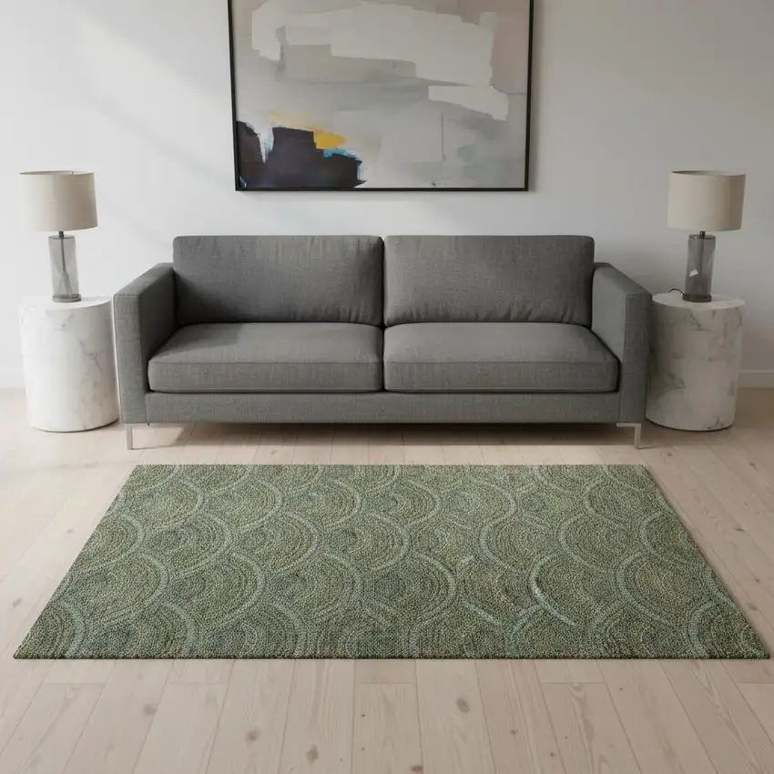Olive Green And Silver Geometric Washable Area Rug With UV Protection Photo 2