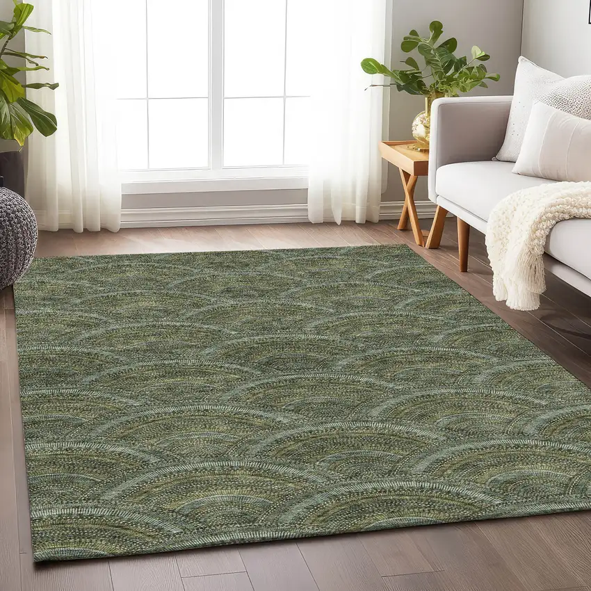 Olive Green And Silver Geometric Washable Area Rug With UV Protection Photo 3