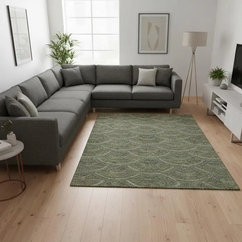 Olive Green And Silver Geometric Washable Area Rug With UV Protection Photo 2