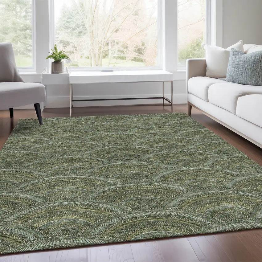 Olive Green And Silver Geometric Washable Area Rug With UV Protection Photo 5
