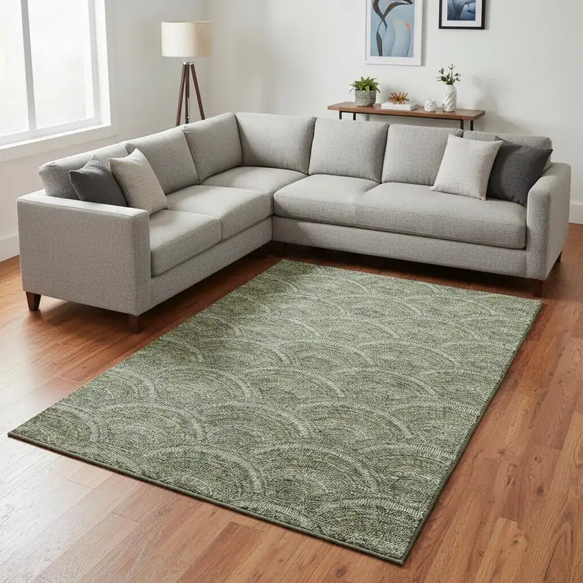 Olive Green And Silver Geometric Washable Area Rug With UV Protection Photo 2