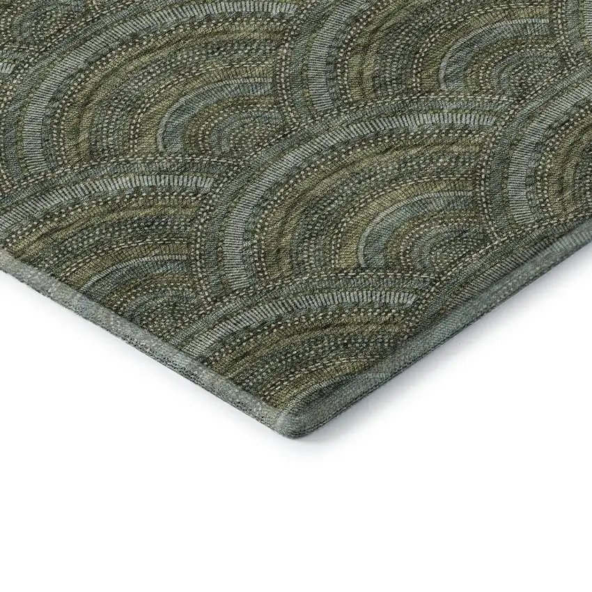 Olive Green And Silver Geometric Washable Area Rug With UV Protection Photo 7
