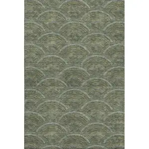 Photo of Olive Green And Silver Geometric Washable Area Rug With UV Protection