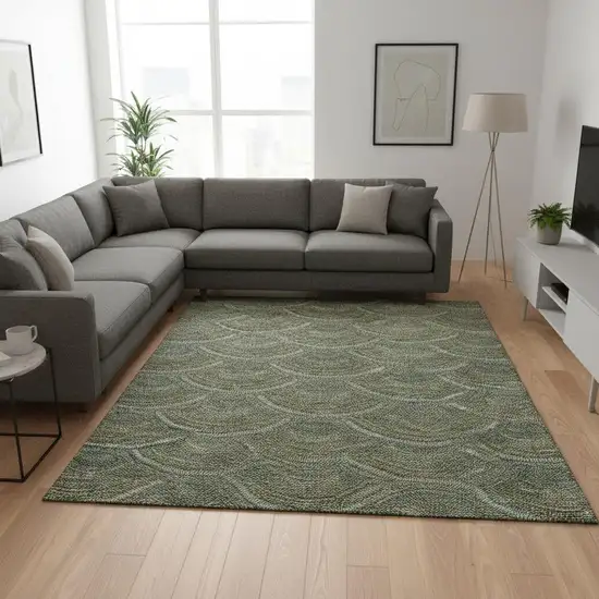 Olive Green And Silver Geometric Washable Area Rug With UV Protection Photo 2