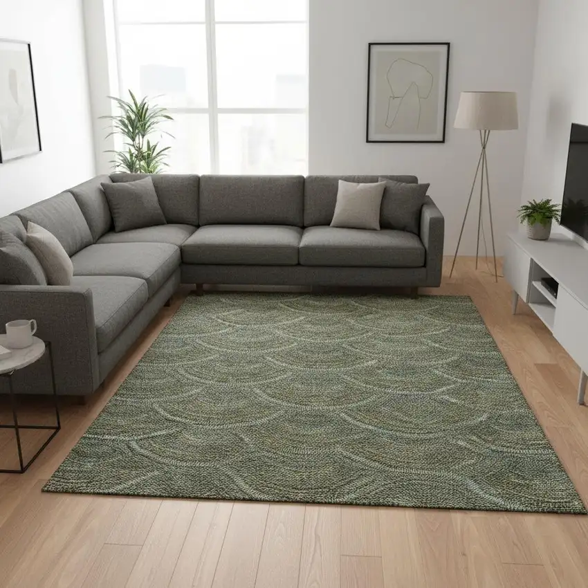 Olive Green And Silver Geometric Washable Area Rug With UV Protection Photo 2