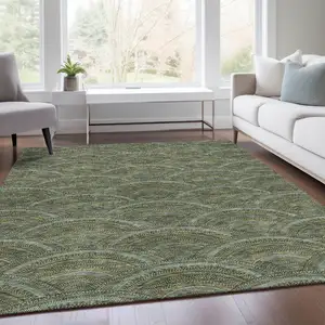 Photo of Olive Green And Silver Geometric Washable Area Rug With UV Protection