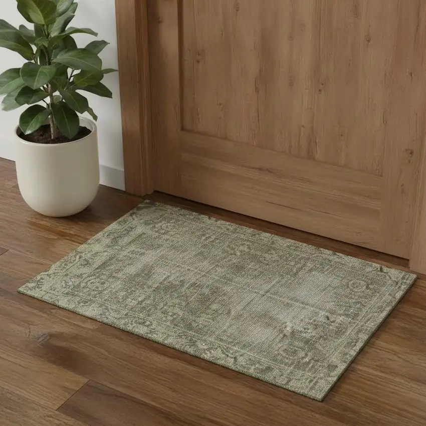 Olive Green And Silver Oriental Washable Area Rug With UV Protection Photo 1