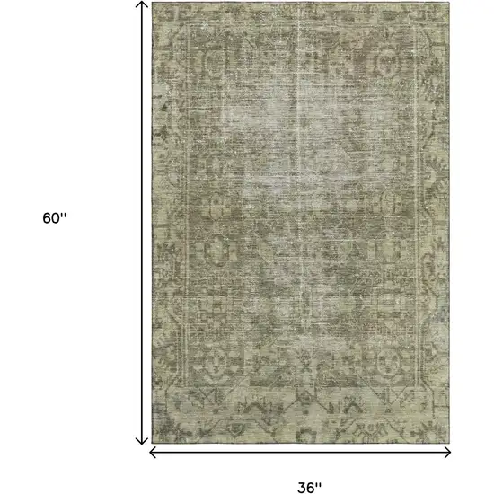 Olive Green And Silver Oriental Washable Area Rug With UV Protection Photo 3