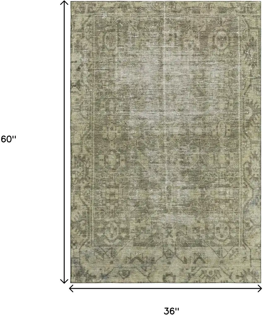 Olive Green And Silver Oriental Washable Area Rug With UV Protection Photo 3