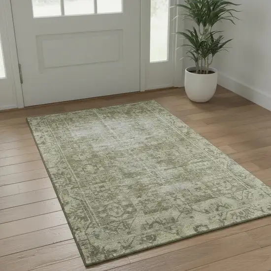 Olive Green And Silver Oriental Washable Area Rug With UV Protection Photo 2