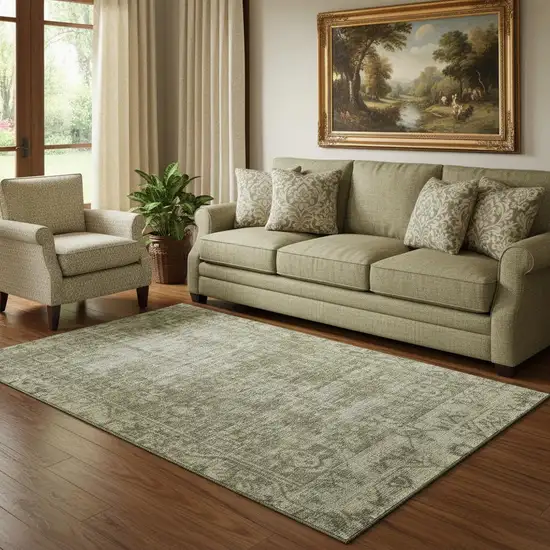 Olive Green And Silver Oriental Washable Area Rug With UV Protection Photo 2