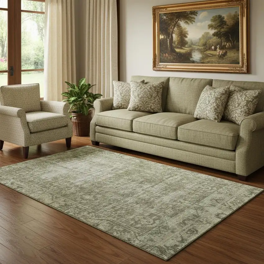 Olive Green And Silver Oriental Washable Area Rug With UV Protection Photo 2