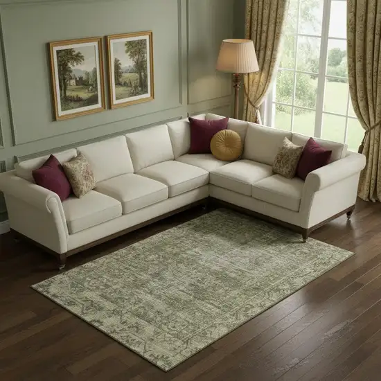 Olive Green And Silver Oriental Washable Area Rug With UV Protection Photo 2