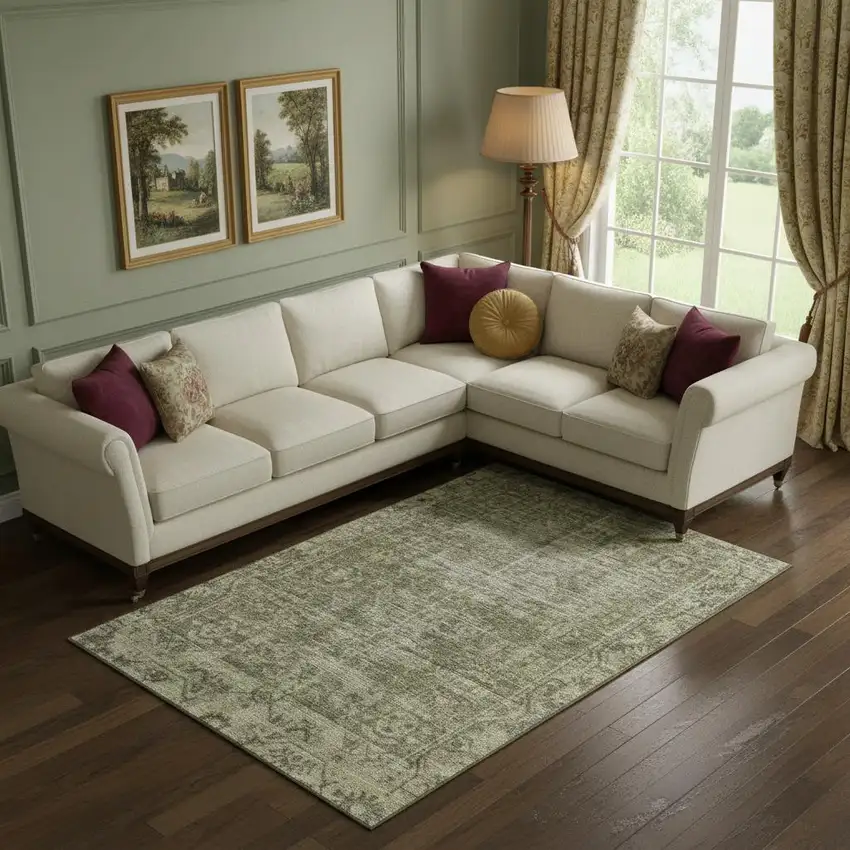 Olive Green And Silver Oriental Washable Area Rug With UV Protection Photo 2