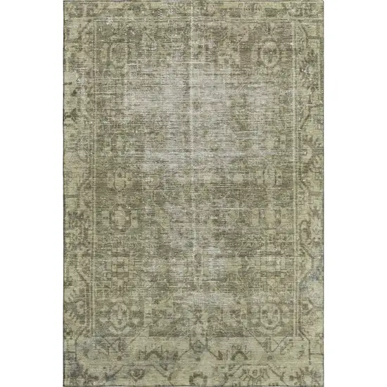 Olive Green And Silver Oriental Washable Area Rug With UV Protection Photo 1