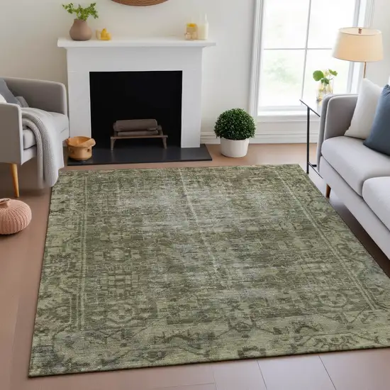 Olive Green And Silver Oriental Washable Area Rug With UV Protection Photo 4
