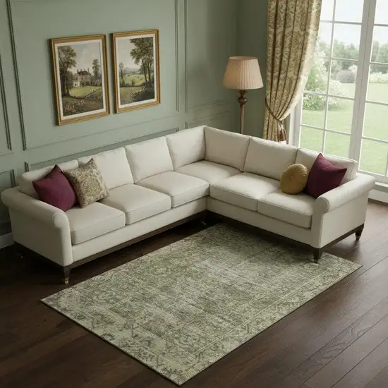 Olive Green And Silver Oriental Washable Area Rug With UV Protection Photo 2