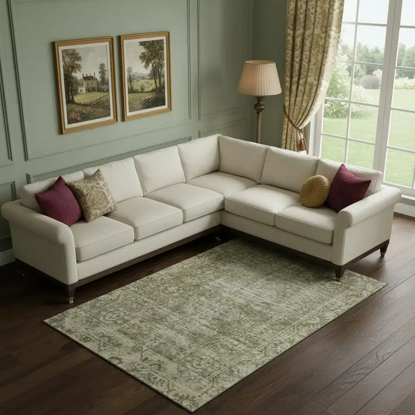 Olive Green And Silver Oriental Washable Area Rug With UV Protection Photo 2