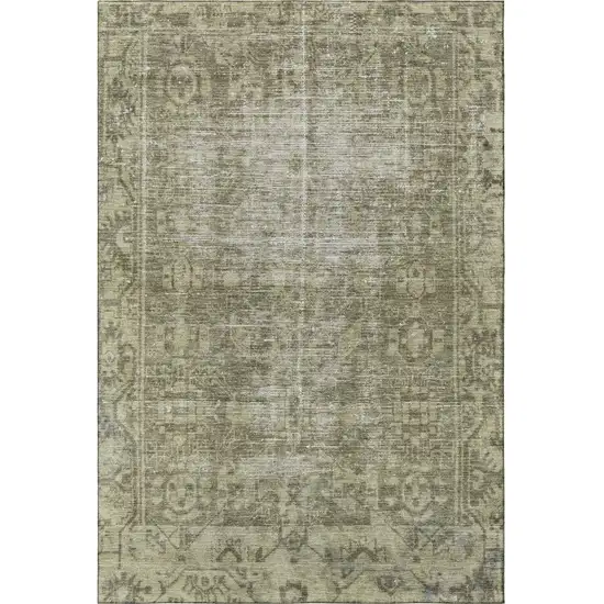 Olive Green And Silver Oriental Washable Area Rug With UV Protection Photo 3