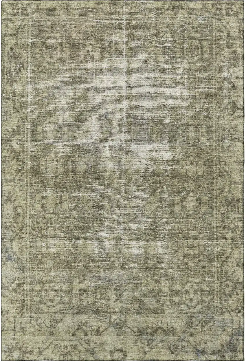 Olive Green And Silver Oriental Washable Area Rug With UV Protection Photo 3