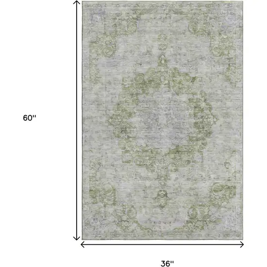 Olive Green And Silver Oriental Washable Area Rug With UV Protection Photo 3