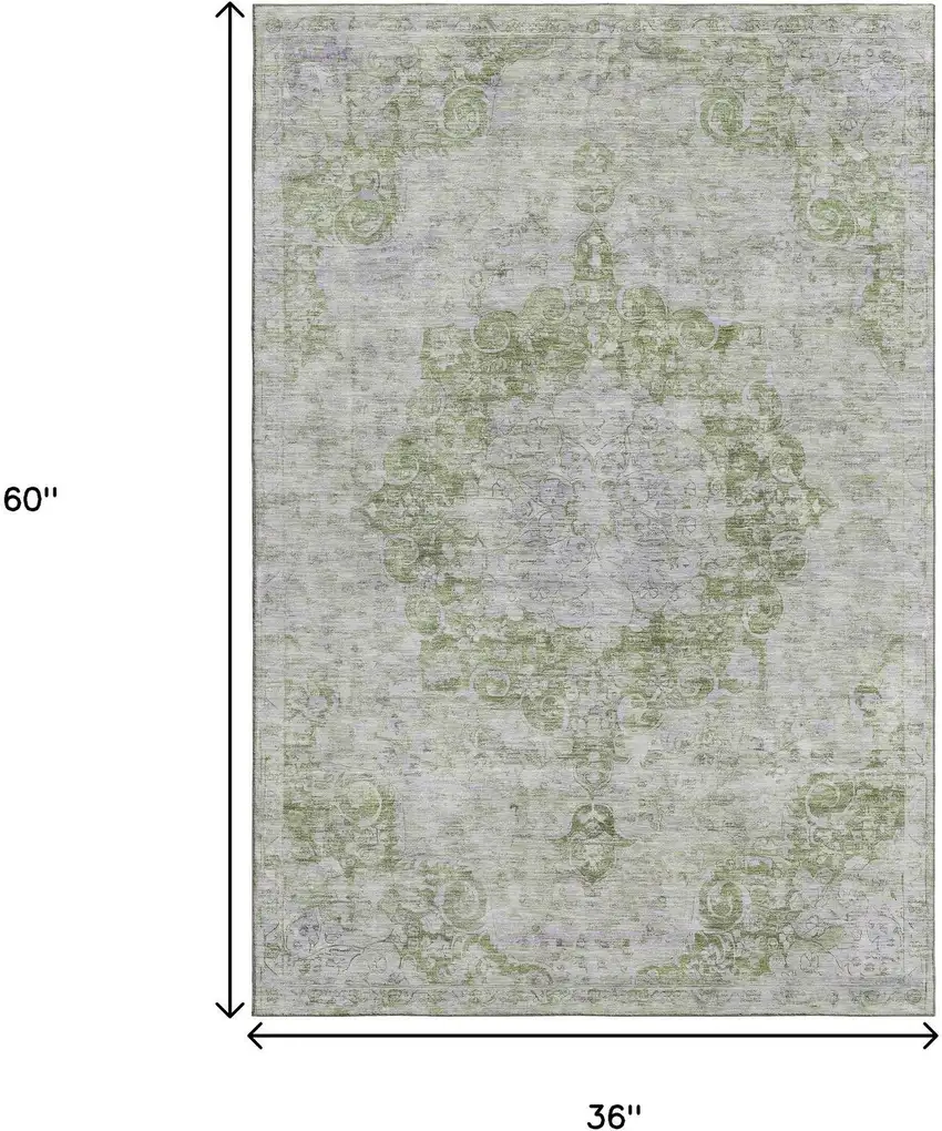 Olive Green And Silver Oriental Washable Area Rug With UV Protection Photo 3