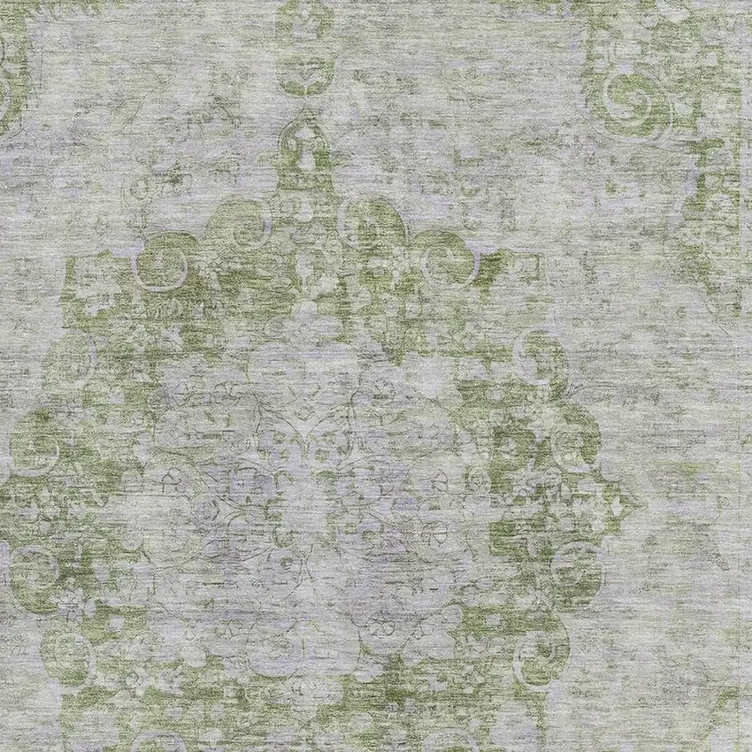 Olive Green And Silver Oriental Washable Area Rug With UV Protection Photo 2