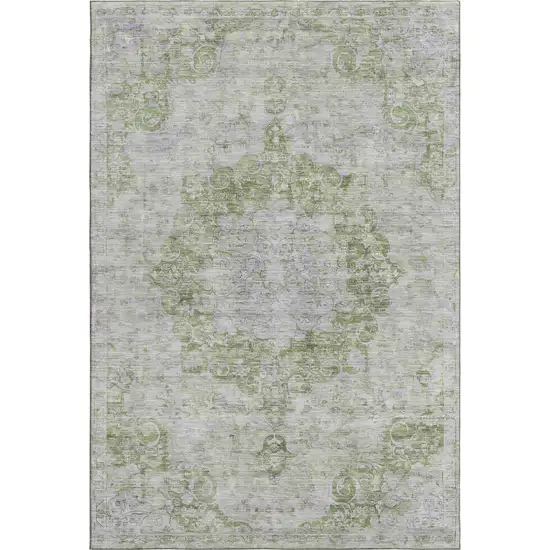 Olive Green And Silver Oriental Washable Area Rug With UV Protection Photo 1