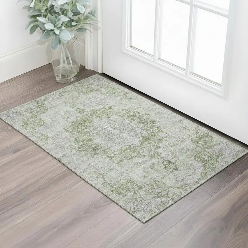Olive Green And Silver Oriental Washable Area Rug With UV Protection Photo 2