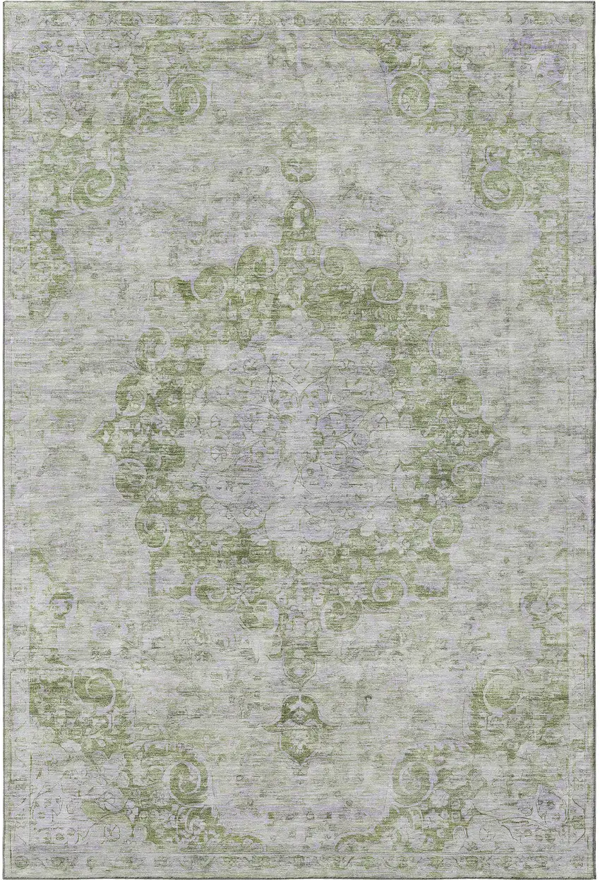 Olive Green And Silver Oriental Washable Area Rug With UV Protection Photo 3