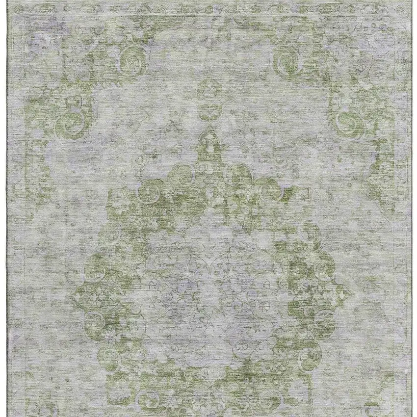 Olive Green And Silver Oriental Washable Area Rug With UV Protection Photo 3