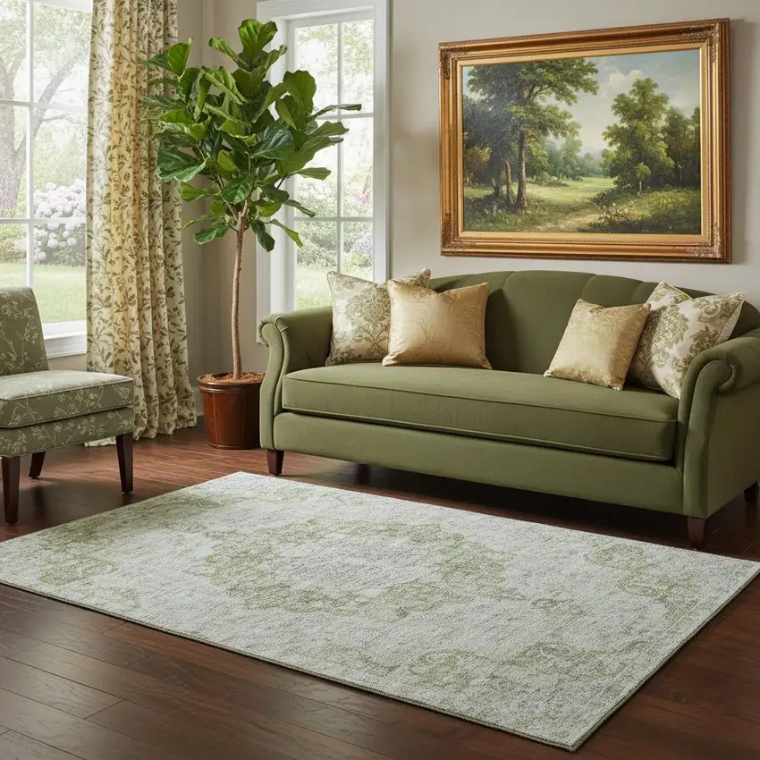 Olive Green And Silver Oriental Washable Area Rug With UV Protection Photo 2