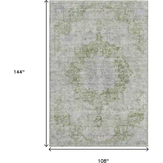 Olive Green And Silver Oriental Washable Area Rug With UV Protection Photo 7