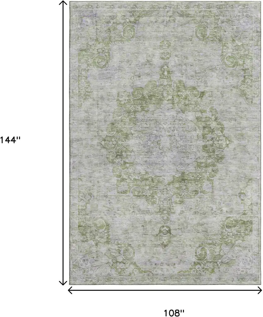 Olive Green And Silver Oriental Washable Area Rug With UV Protection Photo 7